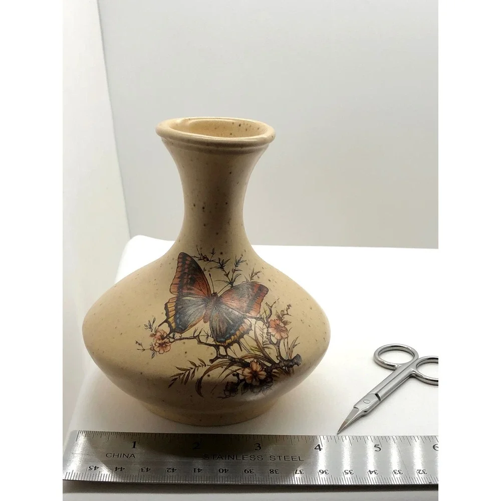 Vintage Ceramic Butterfly Floral Bud Vase Speckled Cream Nature Decor 5 Inch